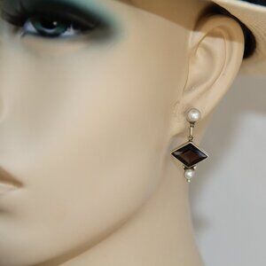 Vintage Sterling Silver Smoky Quartz Pearl Earrings. RARE Gorgeous